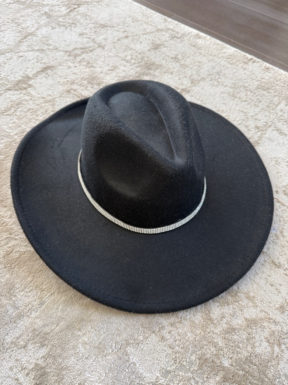 Black Wide-Brim Fedora with Rhinestone Band
